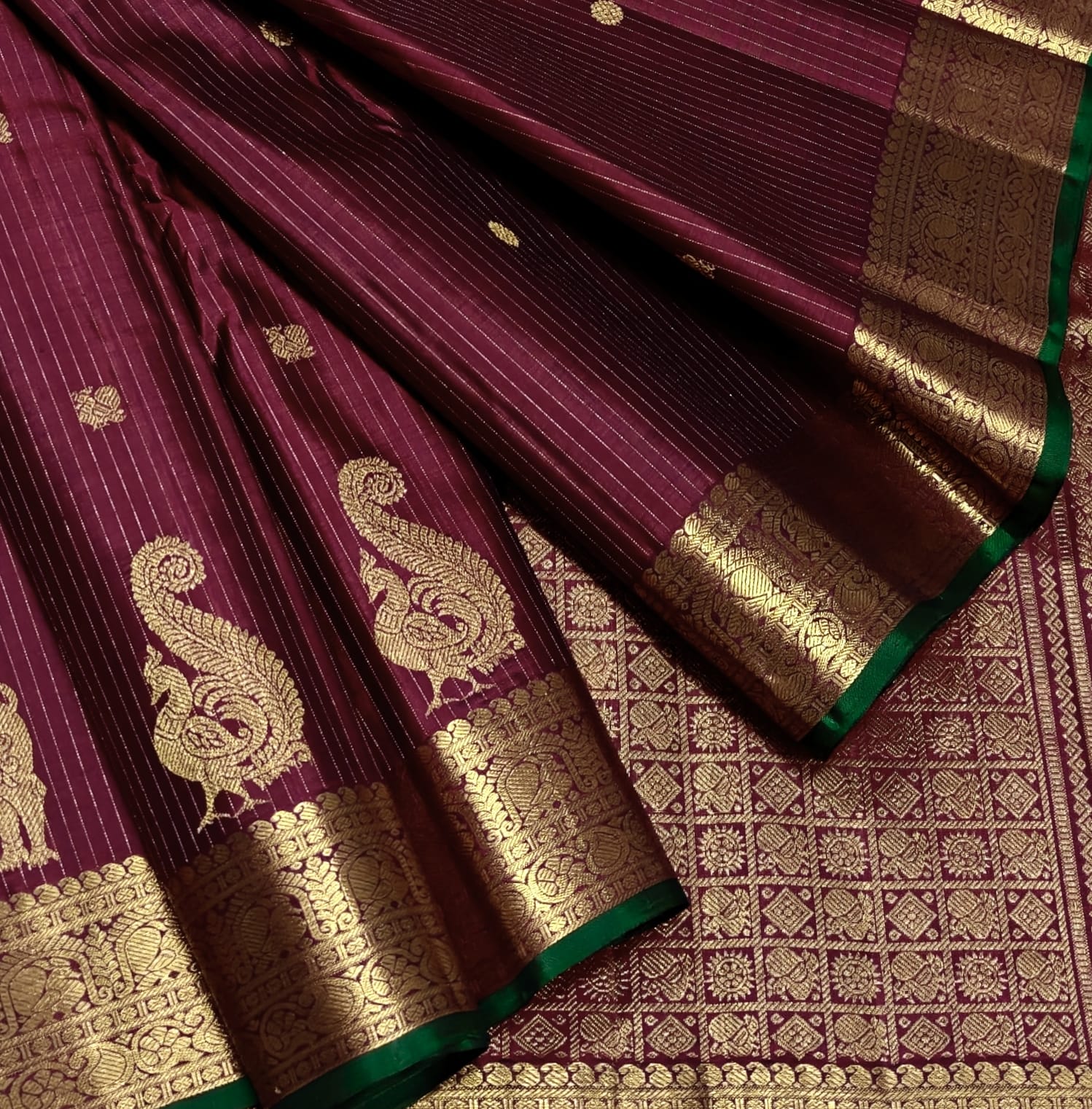 Dark Maroon Pure Kanchipuram Silk Saree with Heavy Antique Golden Border